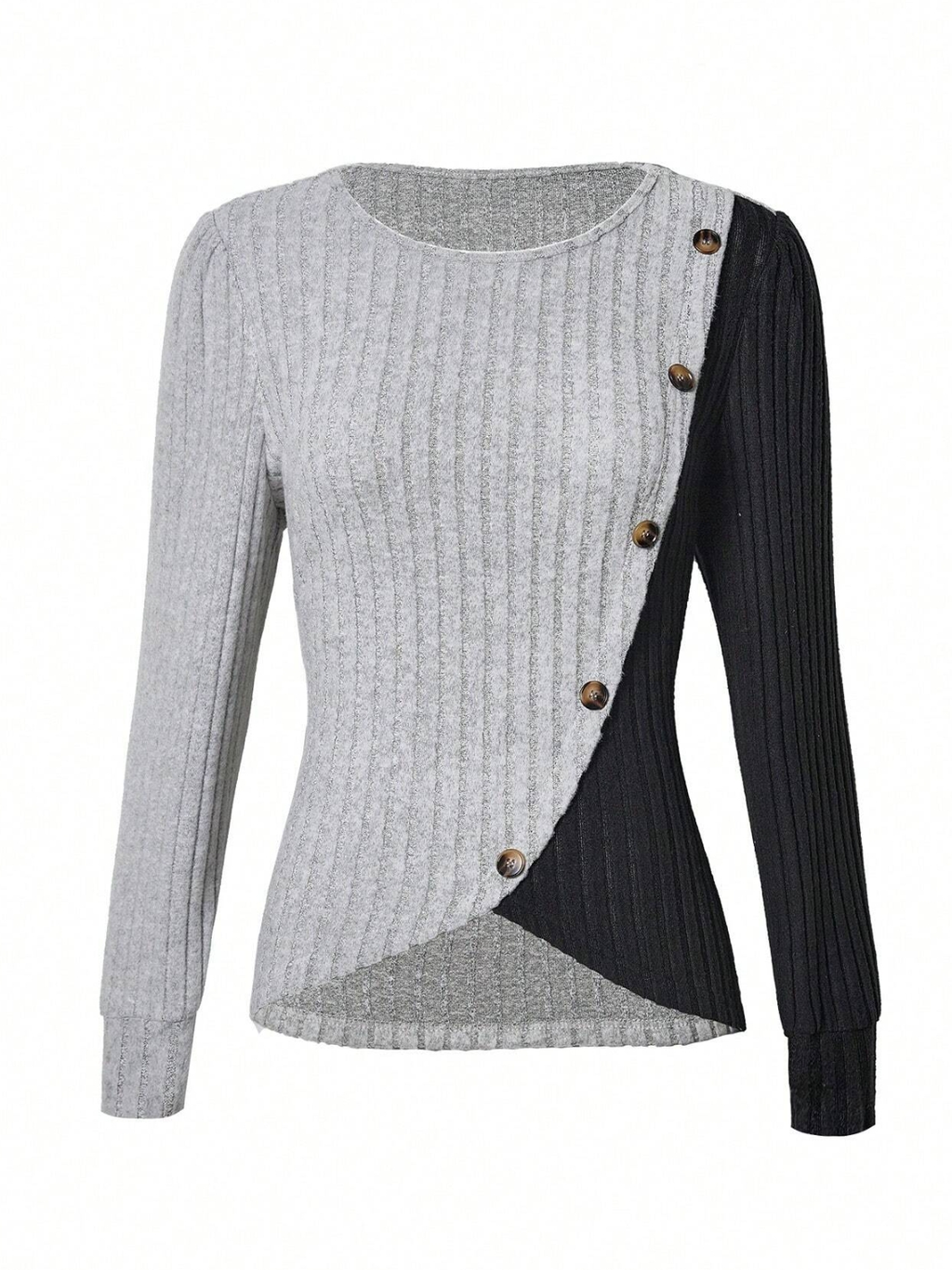 Slim Fit Round Neck Color Matching Ribbed Cross Hem Long Sleeve Spring And Autumn Knitted Commuter T-Shirt Top