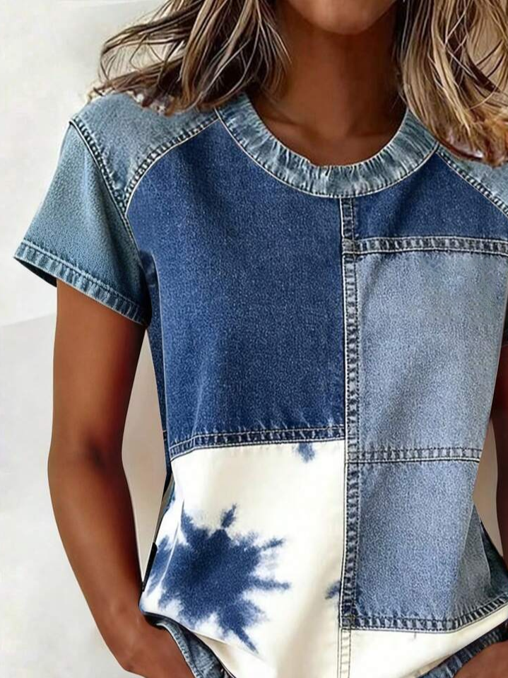 Women's Denim Patchwork Short Sleeve T-shirt Summer Blue Faux Denim Print Graphic Printing Crew Neck Daily Going Out Vintage Top