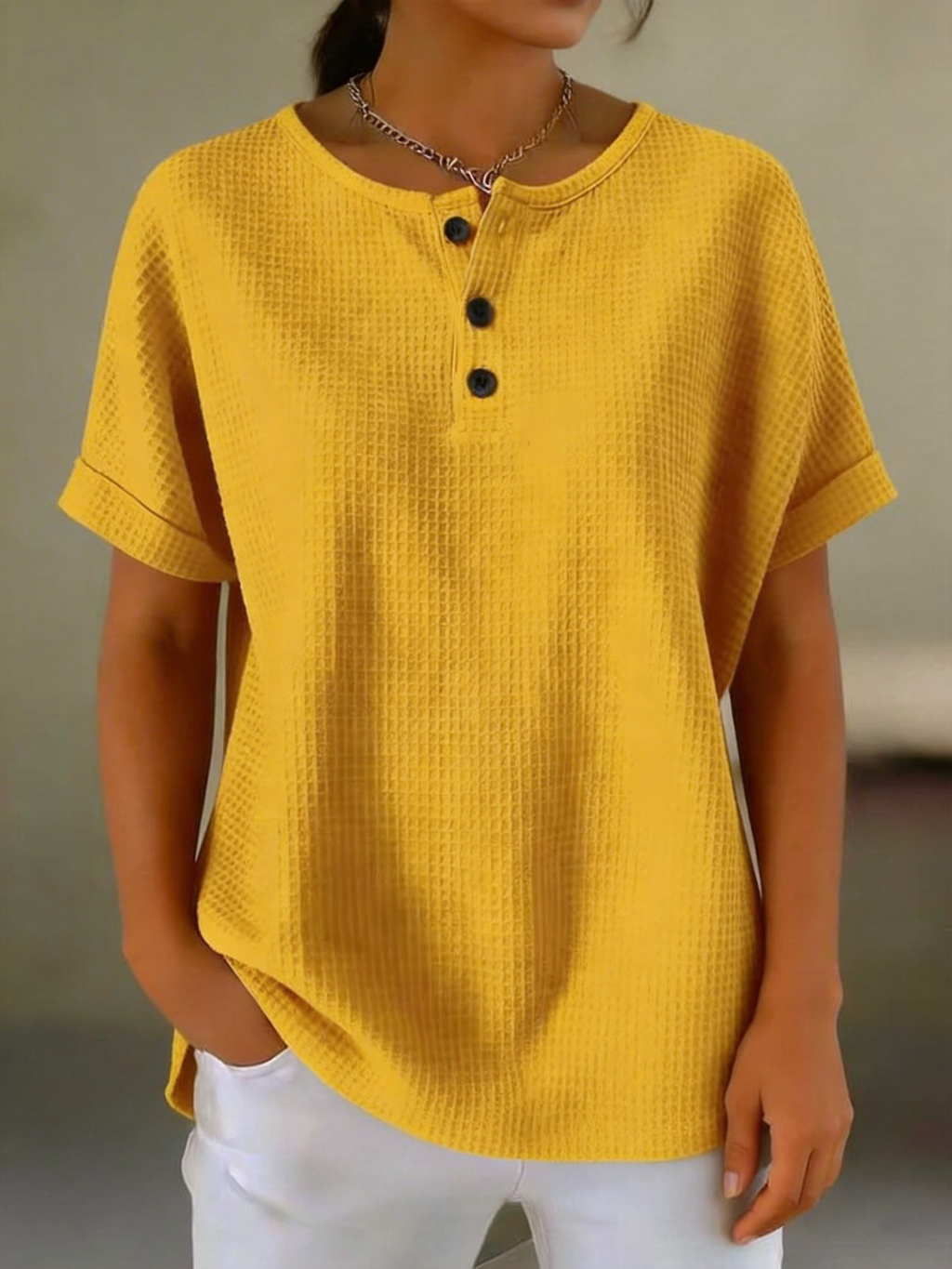 Women's Waffle Knit Henley T-shirt - Casual Short Sleeve Textured Shirt