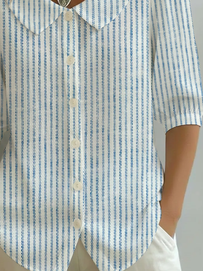 Women's Half Sleeve Shirt Summer Blue Striped Printing Shawl Collar Daily Going Out Casual Top