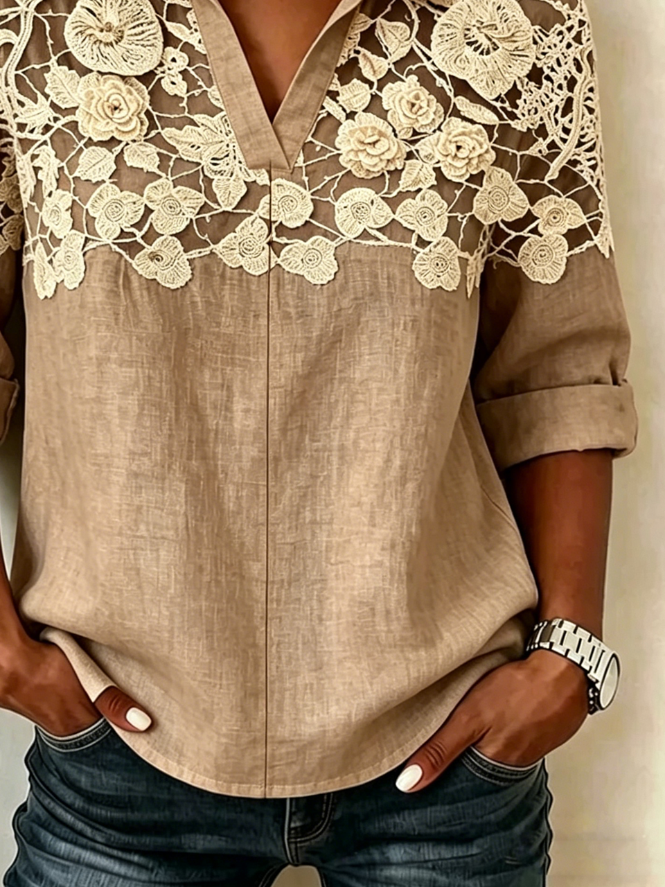 Light Brown Floral Lace Print Yoke Collared Roll Cuff Sleeve Blouse