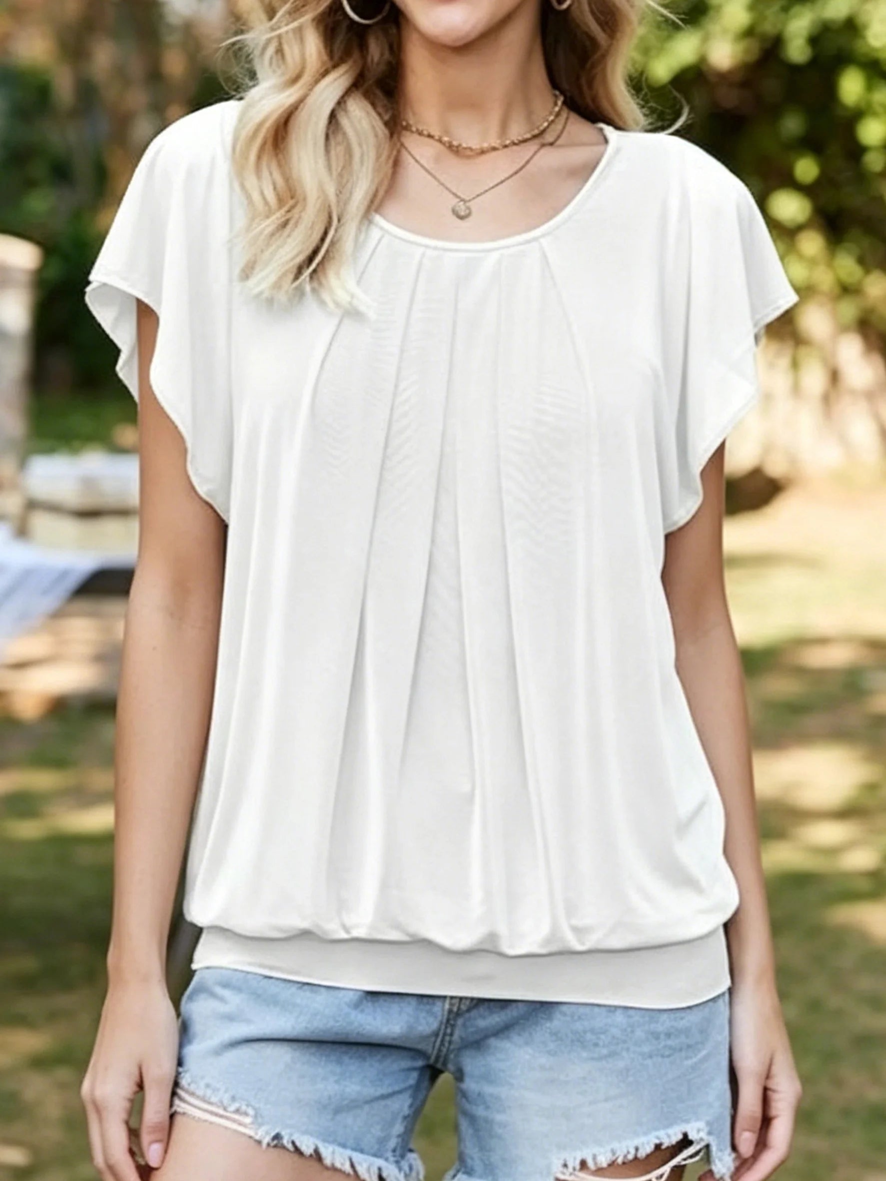 Elegant Round Neck Short Sleeve Ruffle Pleat Loose Summer Going Out Daily Casual Top