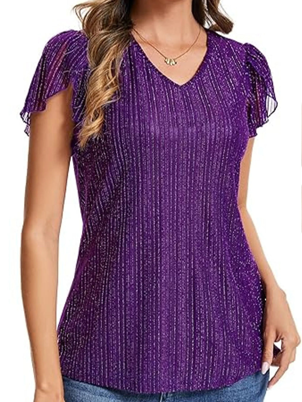 Women's Glitter V Neck Short Sleeve Top Summer Going Out Party Elegant T-Shirt