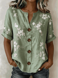 Linen Blend 3D Floral Print Henley Neck Button Front Roll Cuff Casual Blouse
