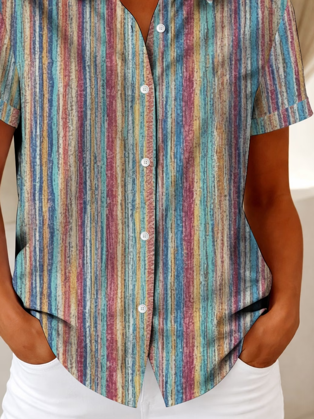 Women's Short Sleeve Shirt Summer As Picture Abstract Stripes Printing Shirt Collar Daily Going Out Casual Top