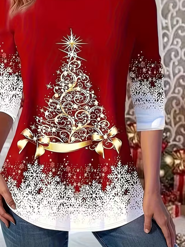 Women's Long Sleeve T-shirt Spring/Fall Red Christmas Jersey Crew Neck Daily Going Out Casual Top
