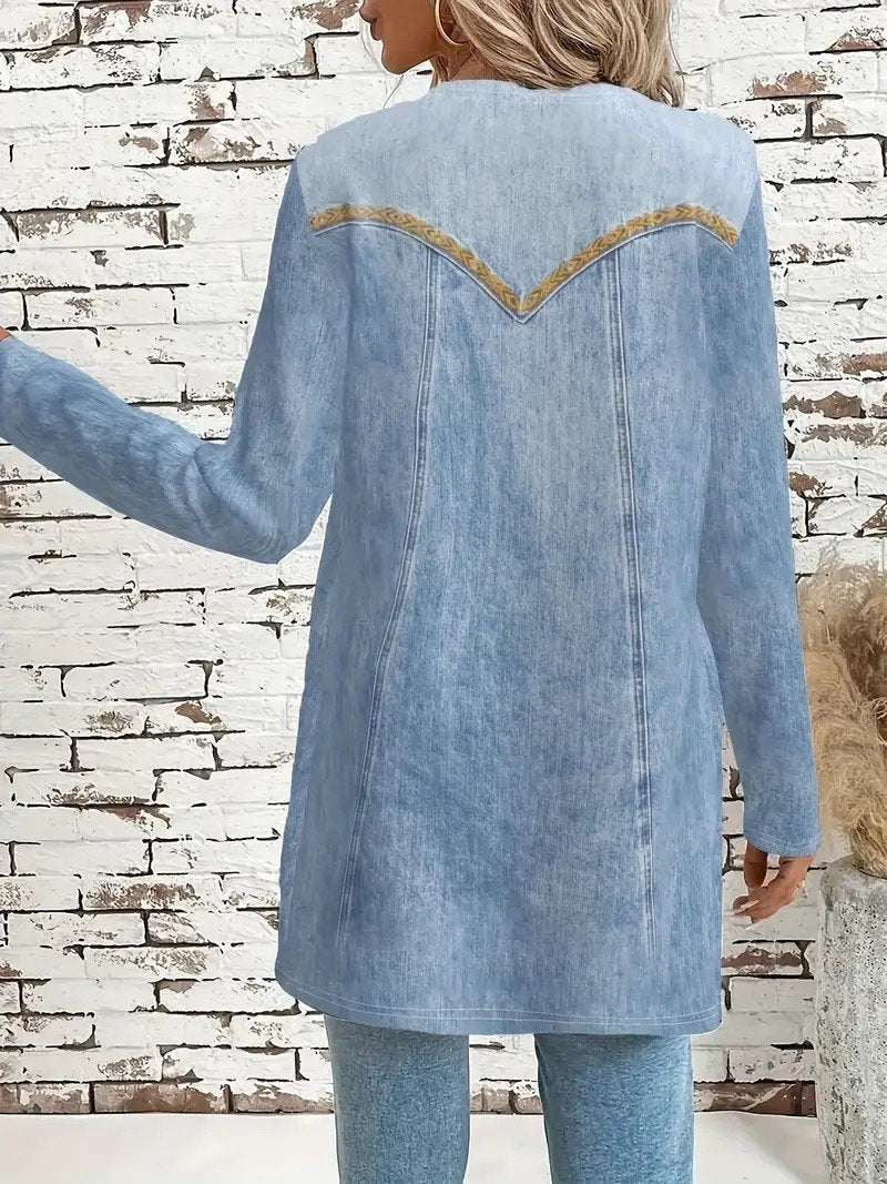 Vintage Crew Neck Loose Faux Denim Print Graphic Jacket