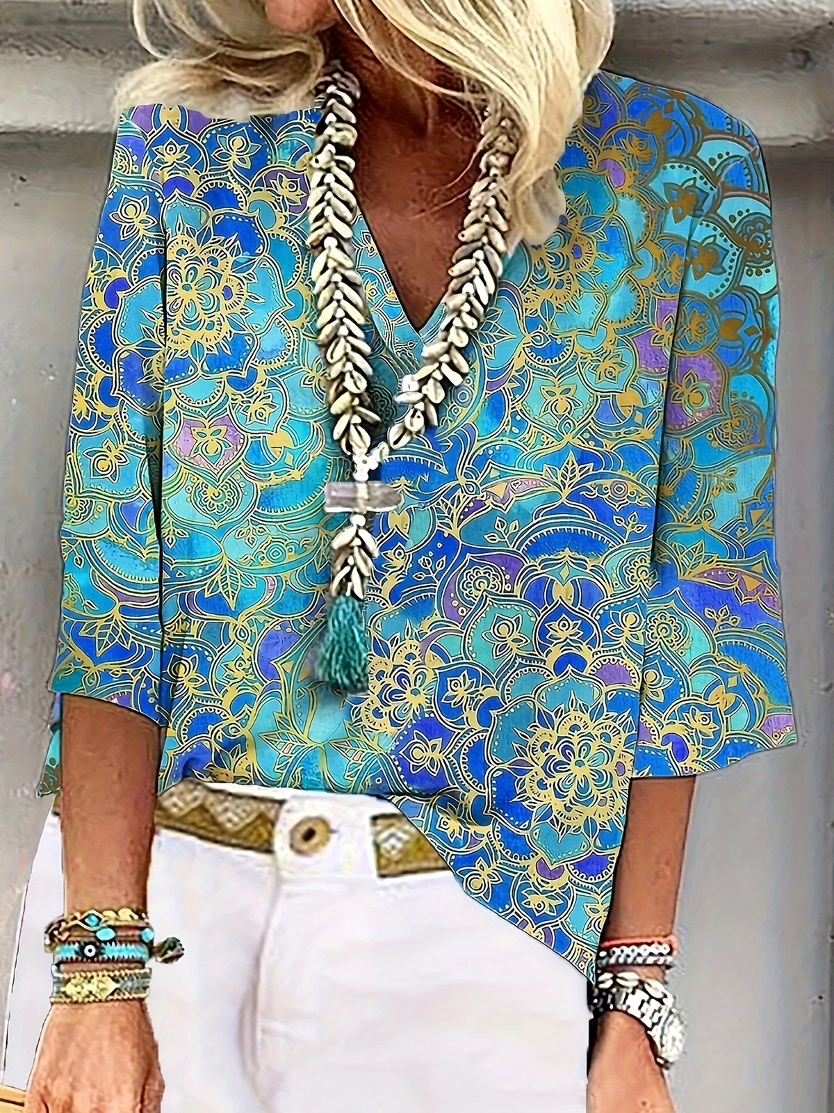 Cotton Shawl Collar Boho Blouse