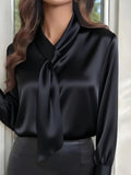 Satin Plain V Neck Long Sleeve Elegant Shirt