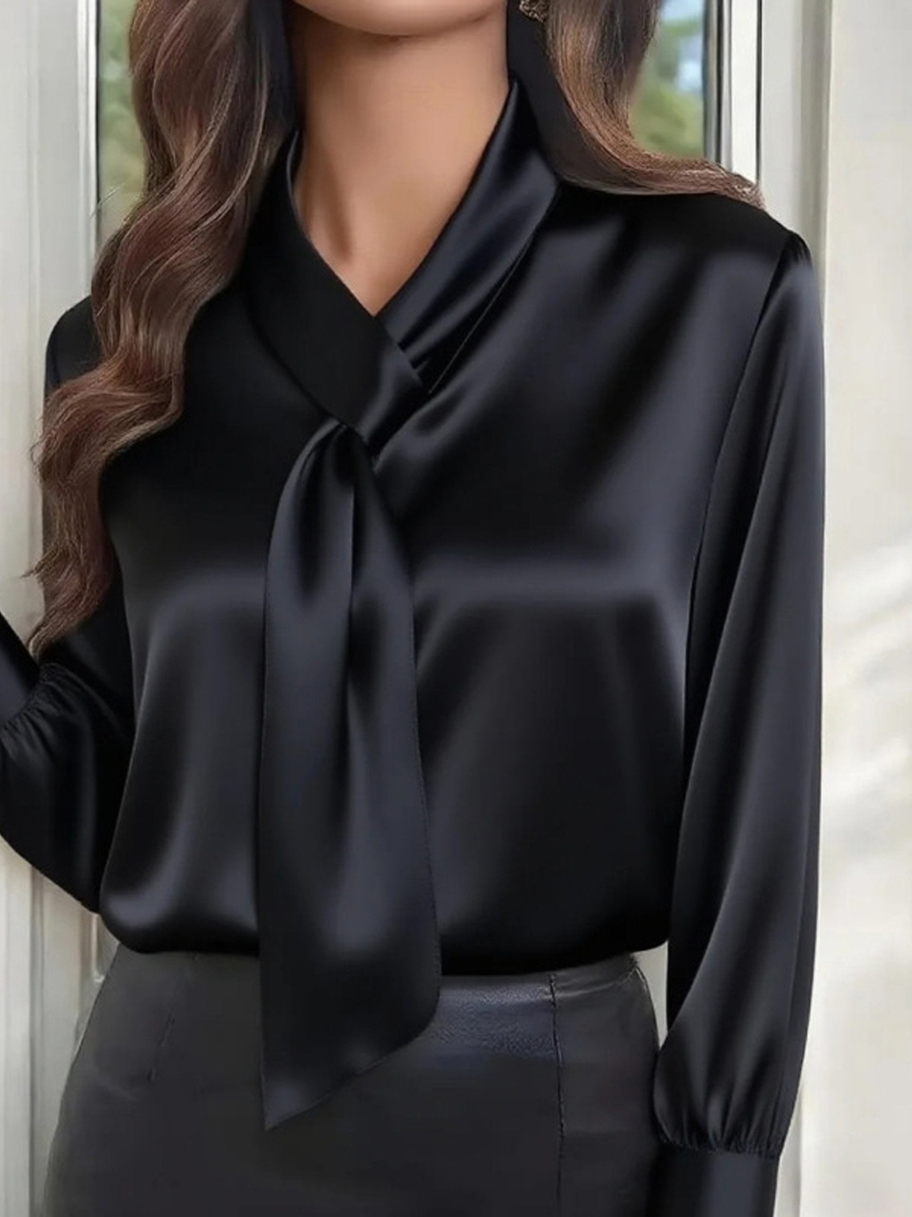 Satin Plain V Neck Long Sleeve Elegant Shirt