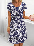 Floral Print Casual Crew Neck Short Sleeve Spring/Summer Chiffon Dress