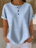 Women's Blue White Striped Henley Top Casual Short Sleeve Button T-Shirt