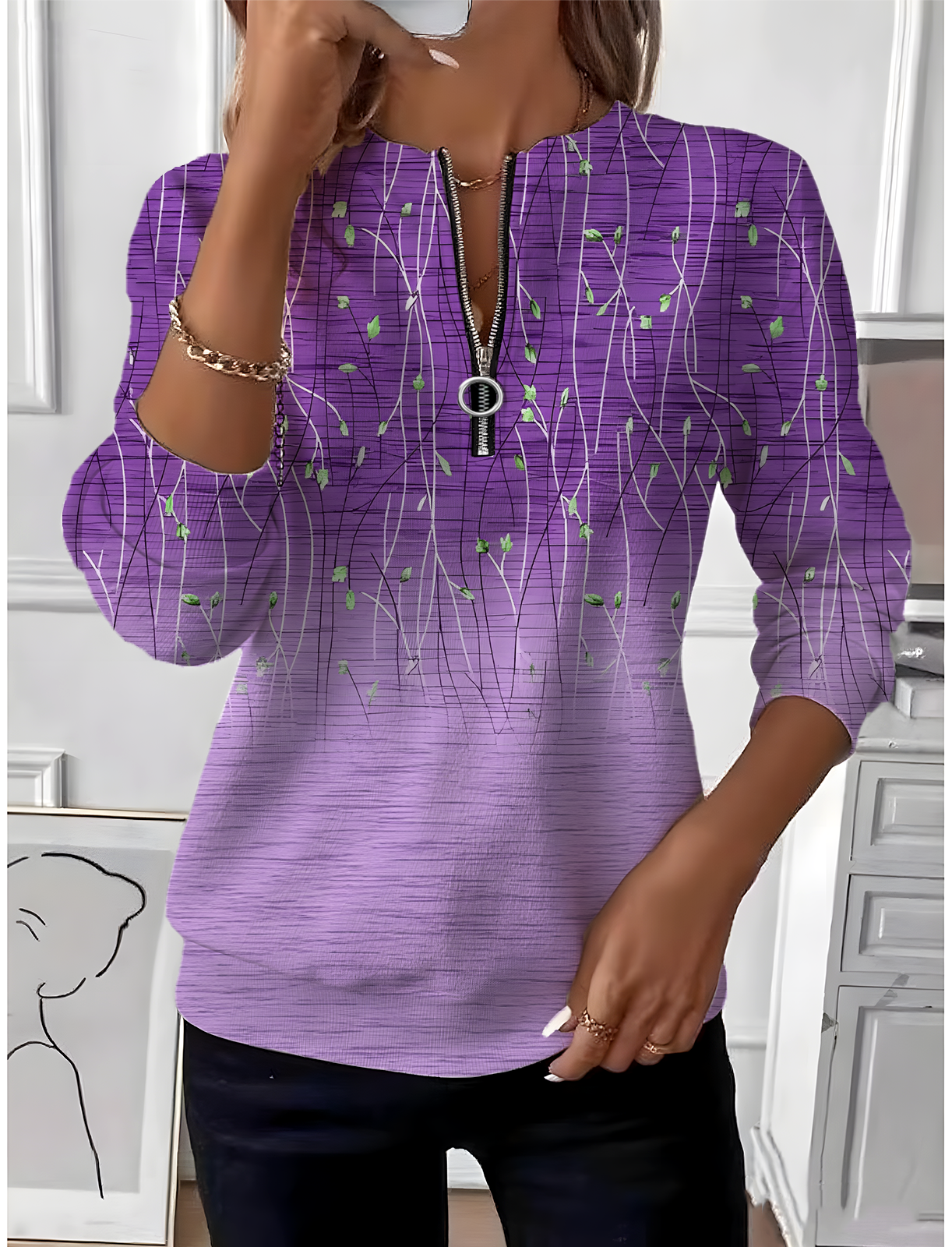 Casual Crew Neck Gradient Pattern Loose Sweatshirt