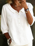 Cotton Linen Shawl Collar The Quarter Sleeve Button Casual Shirt