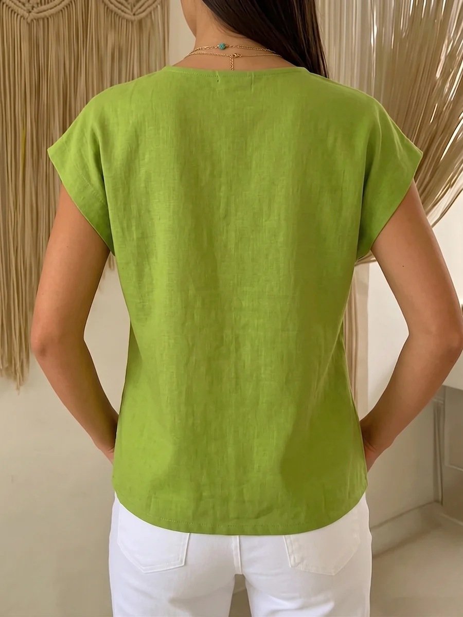 Plain Linen Blend Elegant Loose T-Shirt