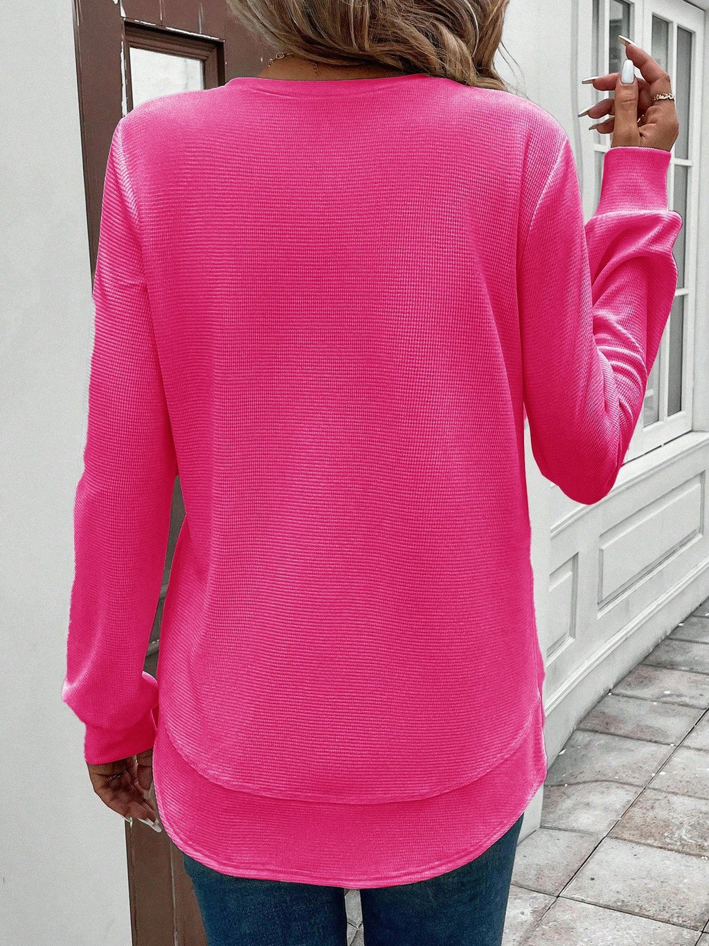 Girly Plain New Loose Temperament Fashion Women's Solid Color Round Neck Splicing Long Sleeve Jacquard Casual Simple Sweatshirt