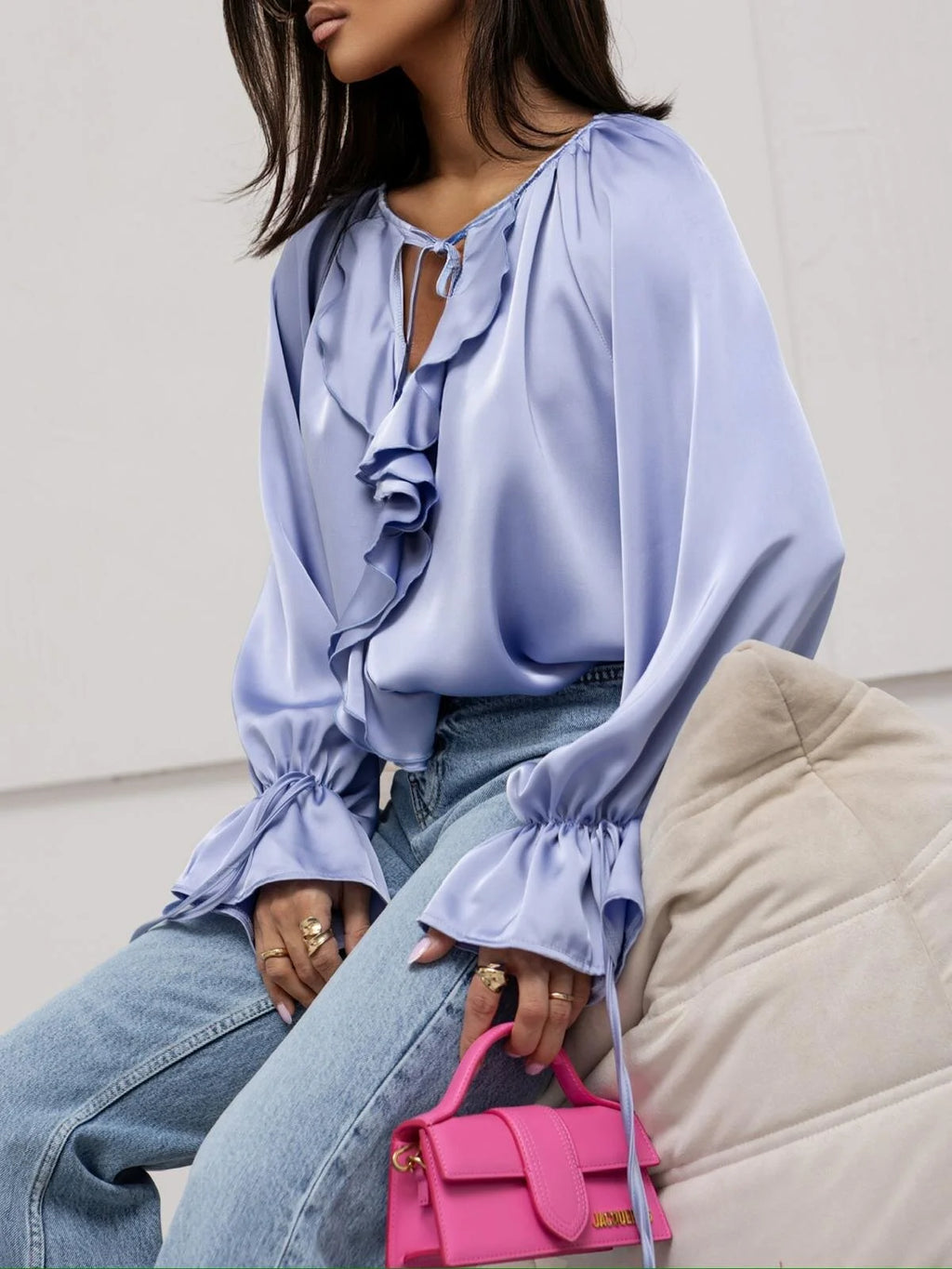 Women's Elegant Ruffled Flared Sleeve V-Neck Lace-up Blouse
