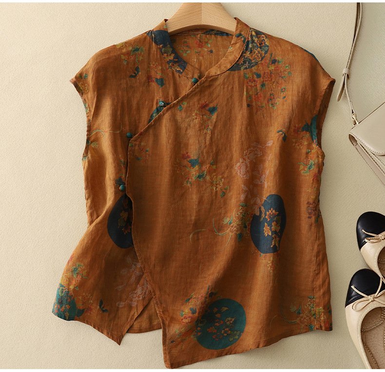 Loose Elegant Floral Linen Blend Shirt