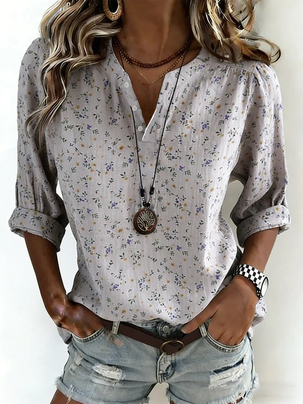 Cotton-Blend Ditsy Floral Others Elegant Shirt