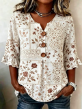 Women's Half Sleeve Blouse Summer Apricot Floral Printing V Neck Daily Going Out Vintage Top