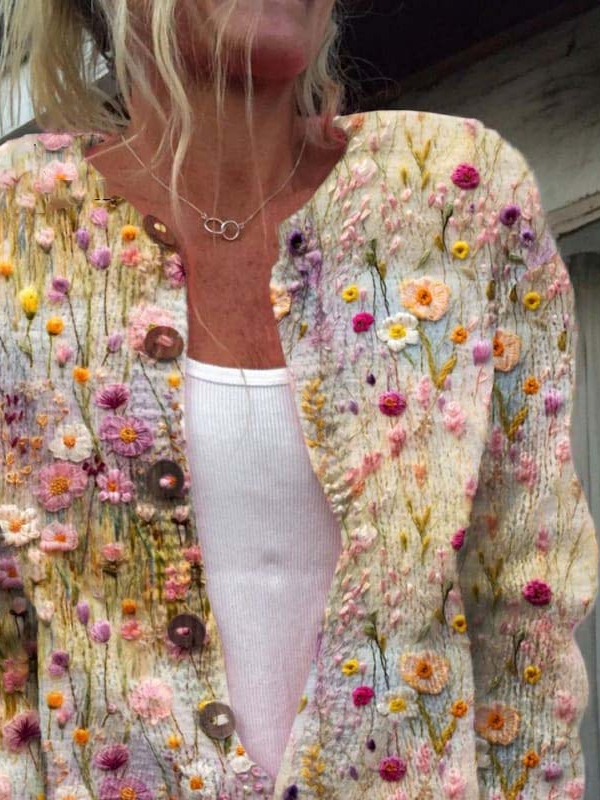 Floral Art Print Buttoned Cardigan