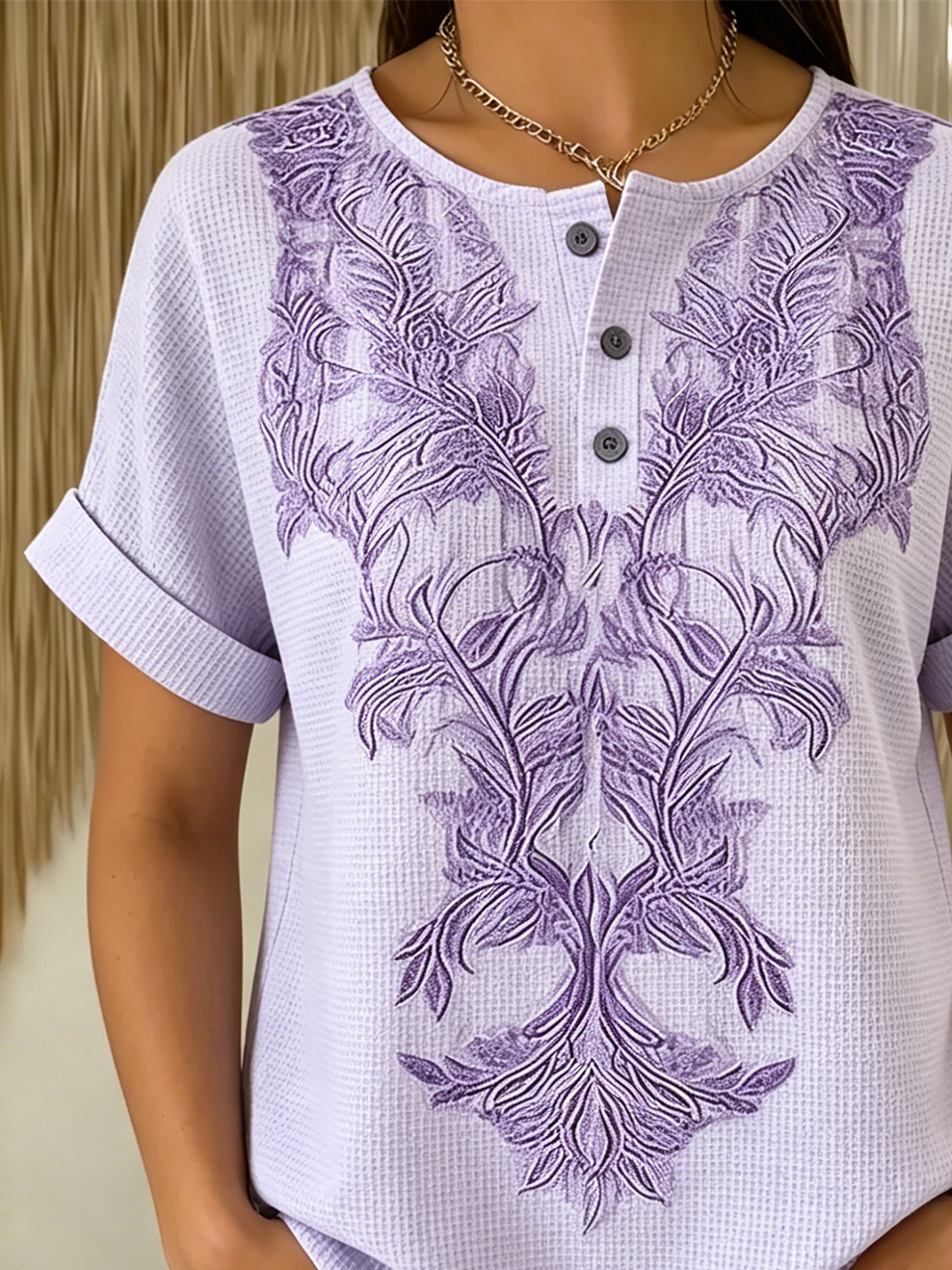 Light Purple Floral Printed Henley Neck T-Shirt