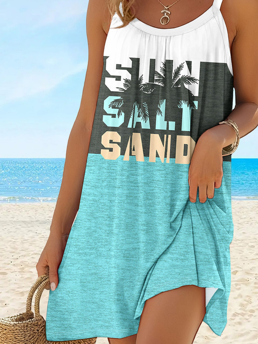 Women's Coconut Tree Tummy Coverage Lettern Print Vacation Short Dress