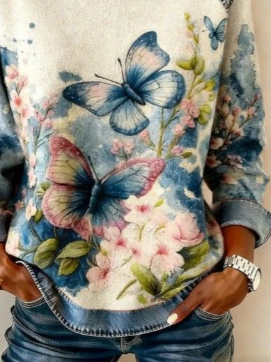 Women's Flower Butterfly Print Patchwork Denim Crewneck Long-Sleeved Sweatshirt