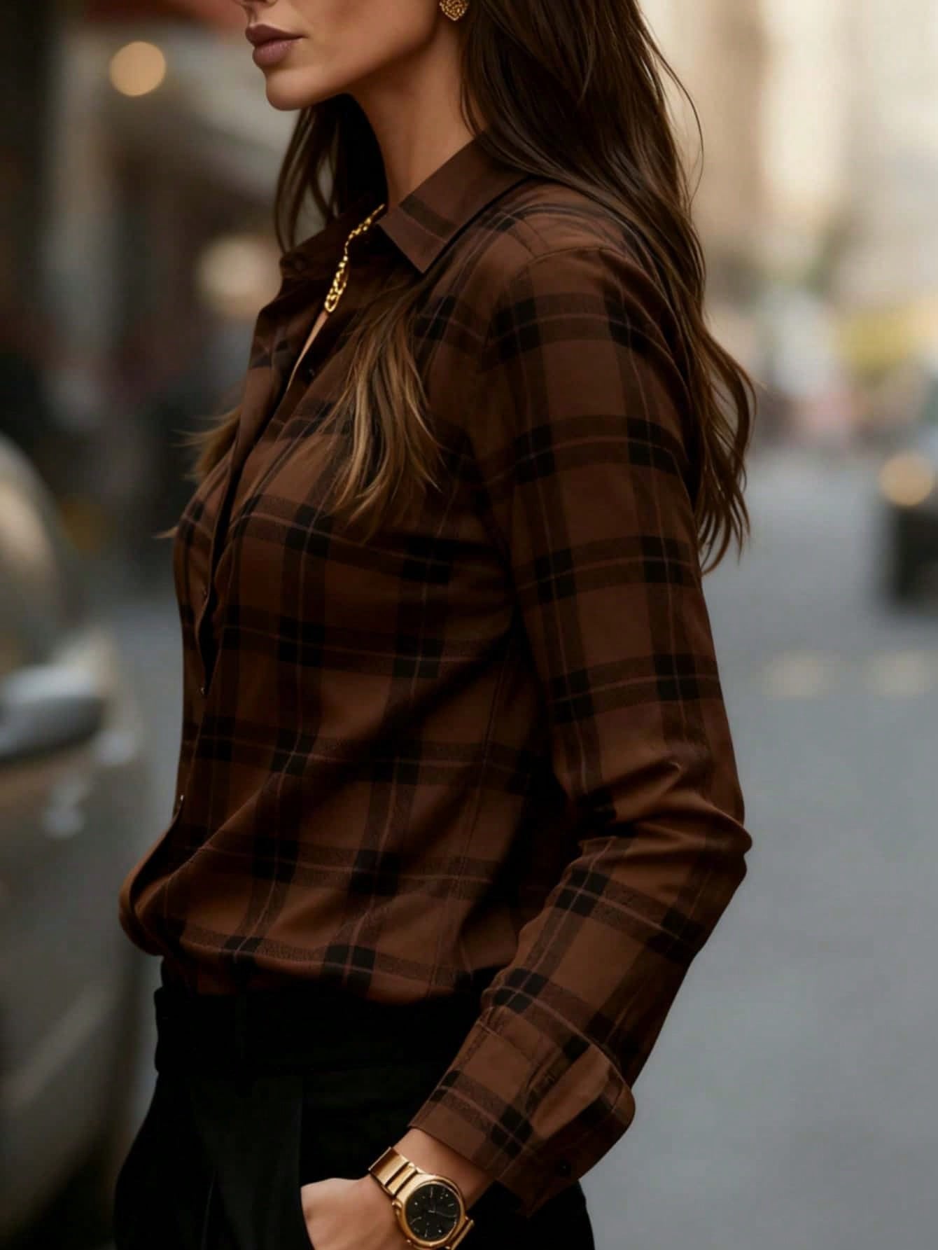 Elegant Plaid Loose Shawl Collar Shirt