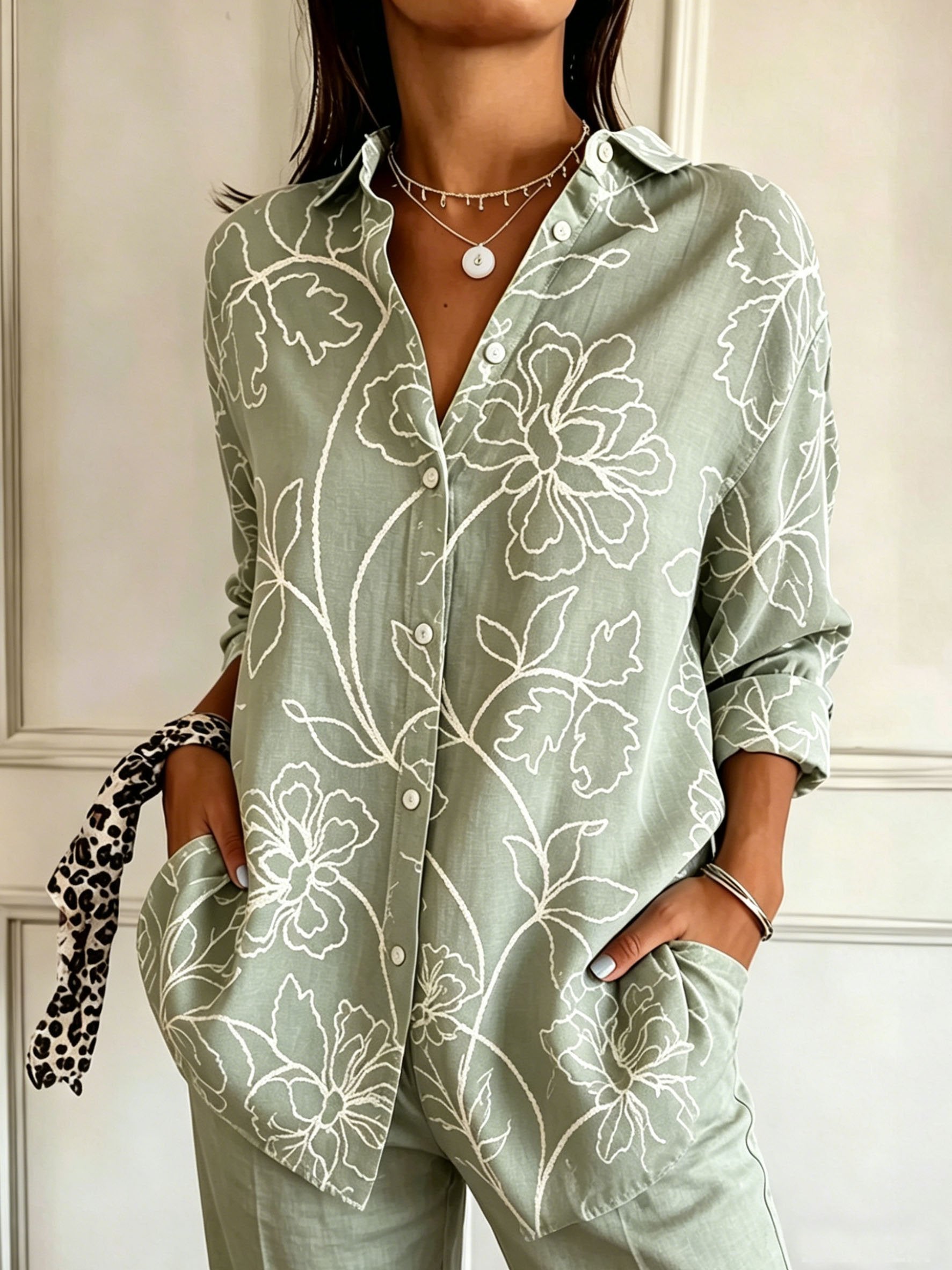 Vintage Botanical Print Shawl Collar Linen Blend Casual Shirt
