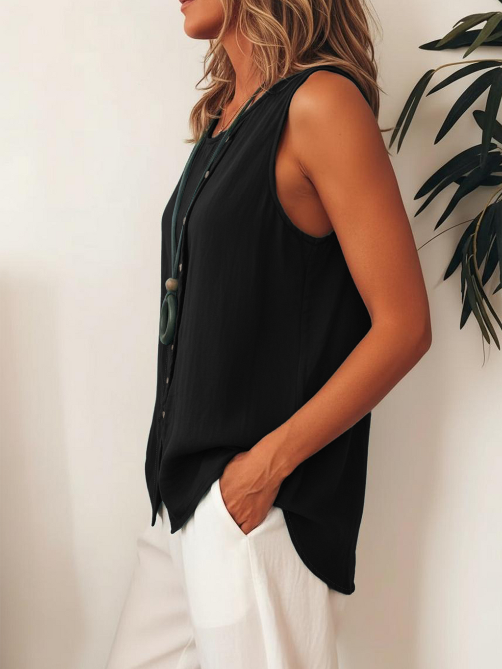 Plain Viscose Round Neck Sleeveless Button Summer Casual Boho Top