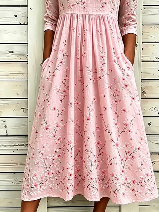 Women's Half Sleeve Summer Pink Floral Printing Crew Neck Daily Going Out Casual Maxi H-Line Dress