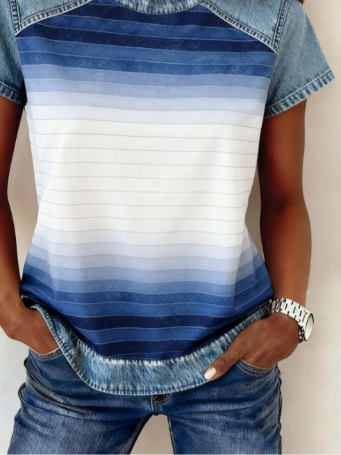 Women's Short Sleeve T-shirt Summer Blue Striped Printing Crew Neck Daily Going Out Vintage Top