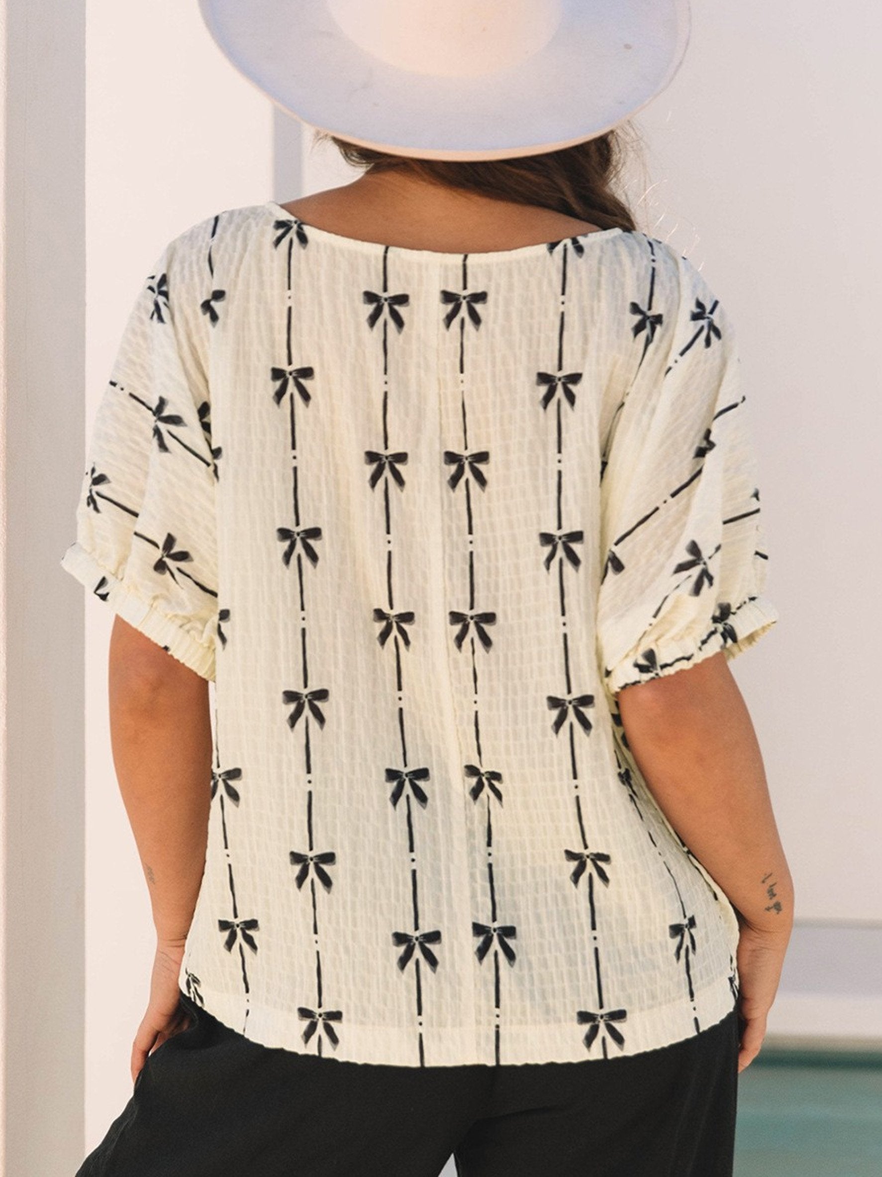 Bow Print Elegant Half Sleeve Crew Neck Top 3D Printing Casual Blouse