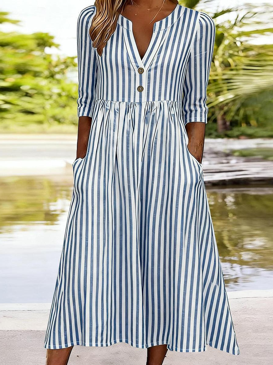 Half Open Collar Striped Casual Dress With No