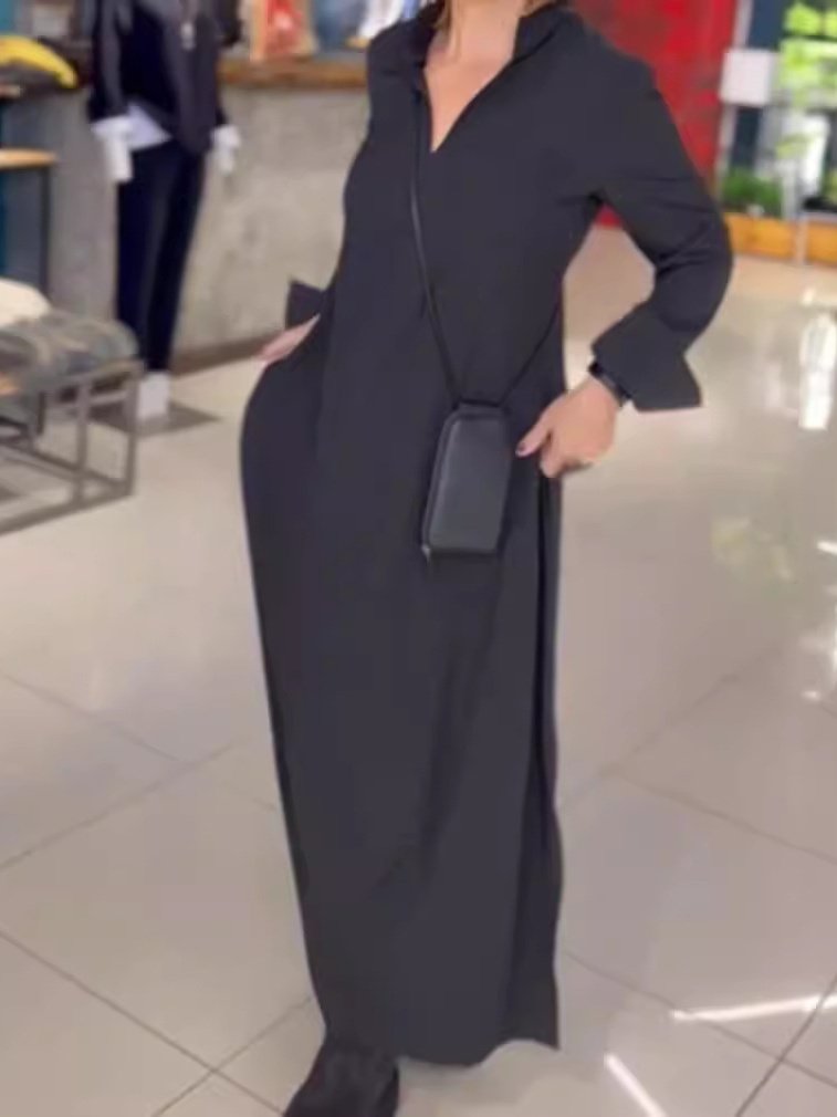 Women's Long Sleeve Spring/Fall Black Plain Split Joint V Neck Daily Going Out Vintage Maxi A-Line Shirt Dress Dress