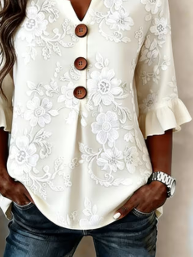 Women's Half Sleeve Blouse Summer White Floral Printing V Neck Daily Going Out Vintage Top