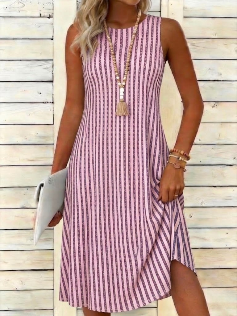 Women's Casual Sleeveless Striped Midi Dress Pink Purple Boho Summer A-Line Tank Dress for Beach Vacation