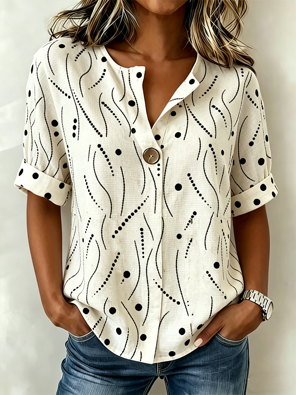 Geometric Loose Linen Blend Simple Shirt