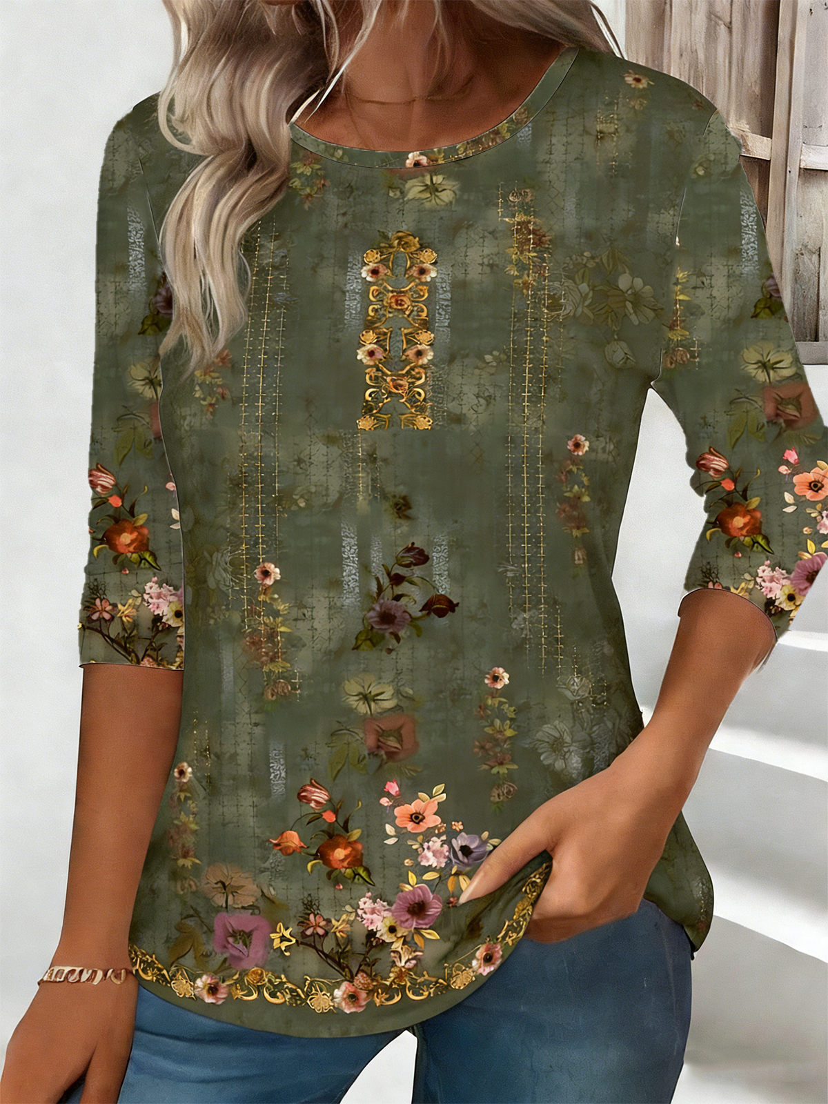 Crew Neck Casual Floral Loose T-Shirt