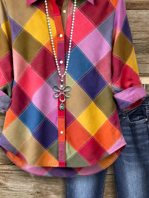 Women's Long Sleeve Shirt Spring/Fall As Picture Multicolor Block Buckle Shirt Collar Regular Sleeve Daily Going Out Casual Top