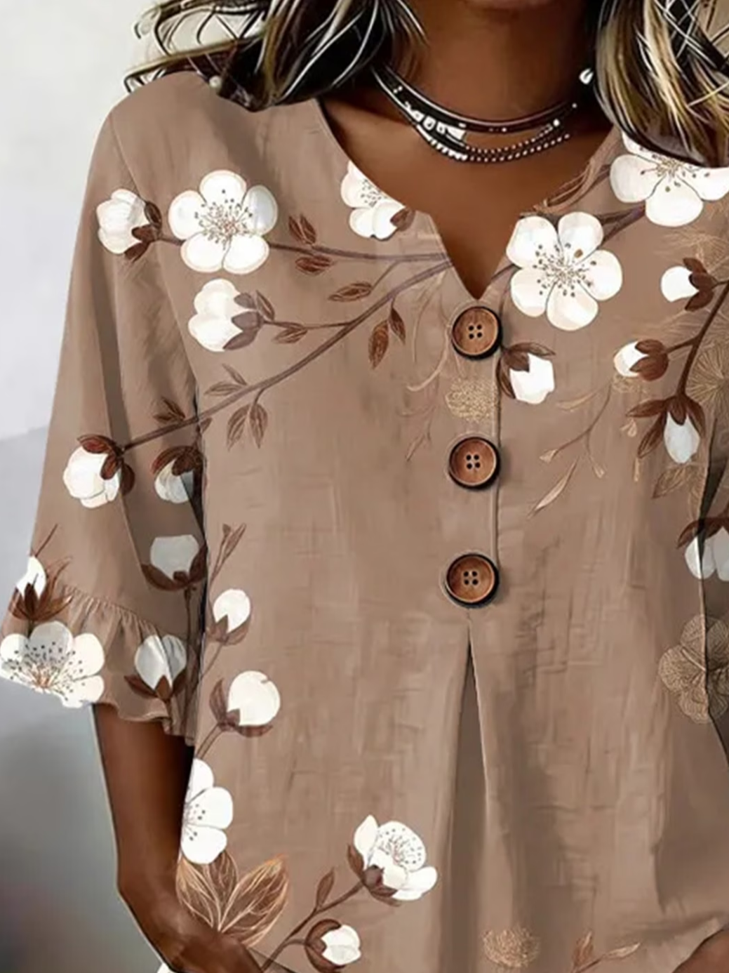 Women's Half Sleeve Blouse Summer Light Brown Floral Printing V Neck Daily Going Out Vintage Top