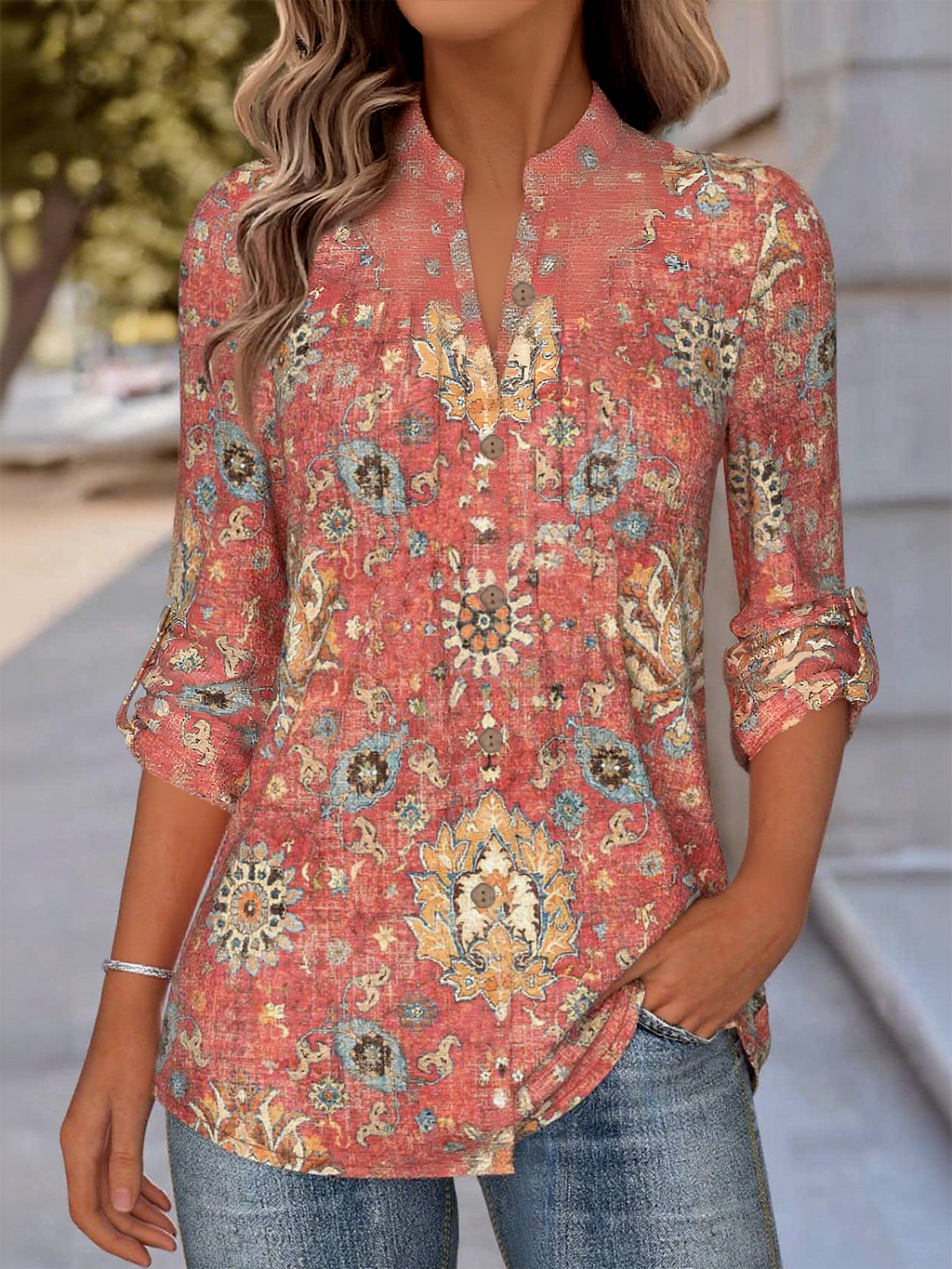 Women's Retro Ethnic Pattern Stand Collar Long Sleeve Shirt Regular Top