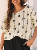 Bow Print Elegant Half Sleeve Crew Neck Top 3D Printing Casual Blouse