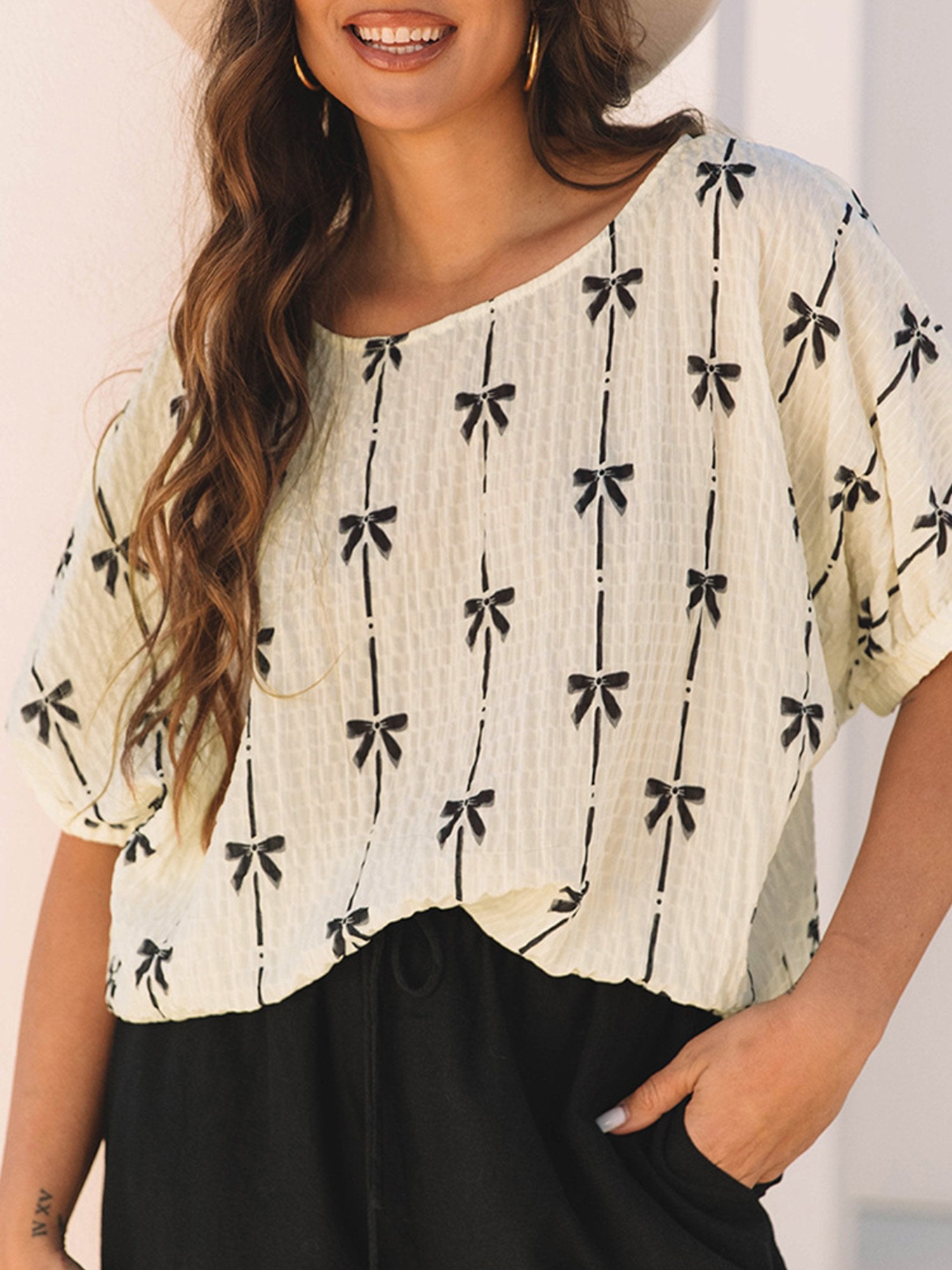 Bow Print Elegant Half Sleeve Crew Neck Top 3D Printing Casual Blouse