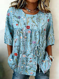 Vintage Crew Neck Linen Blend Floral Blouse