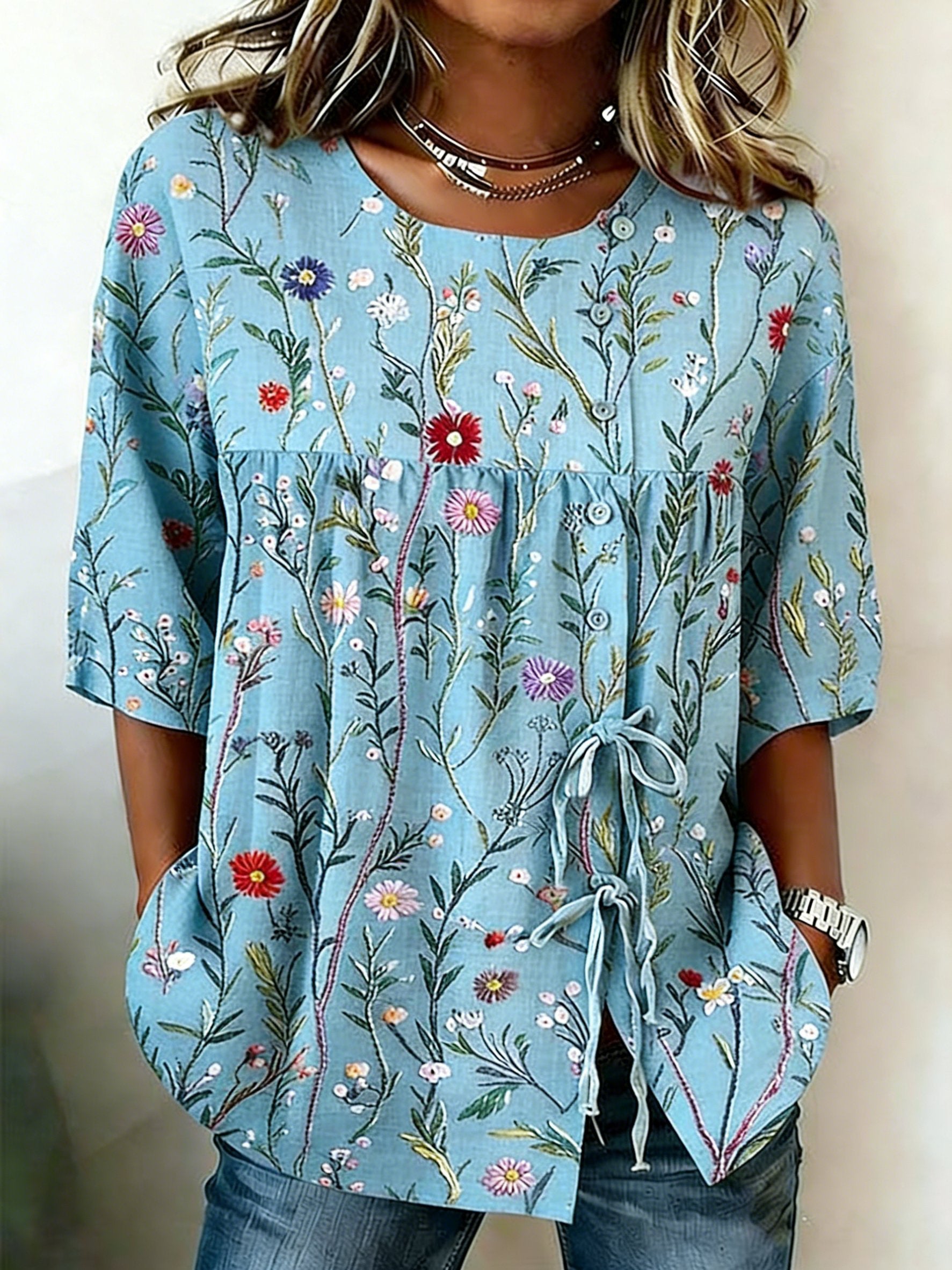 Vintage Crew Neck Linen Blend Floral Blouse