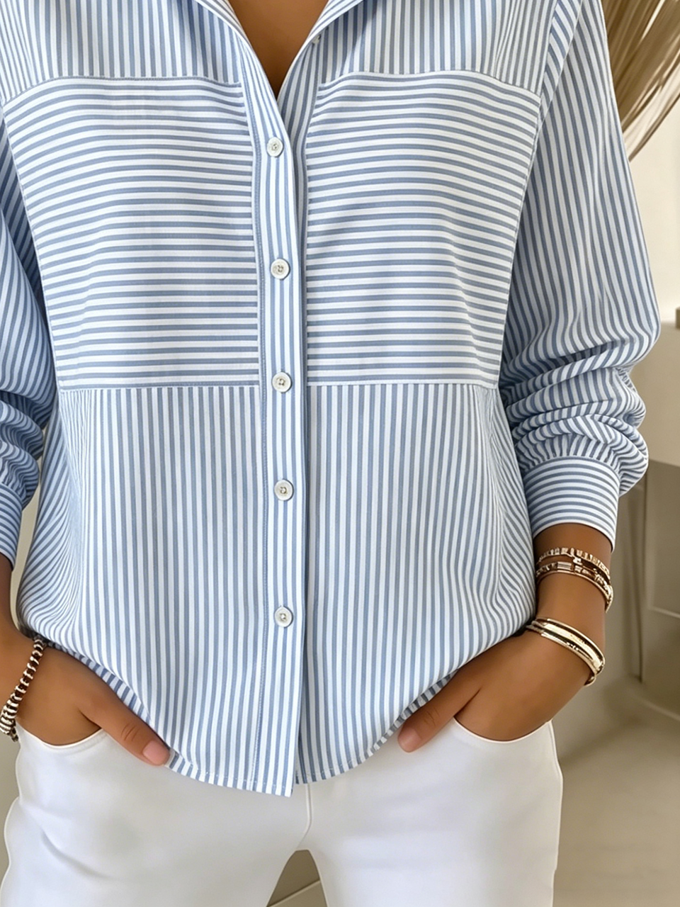 Striped Loose Simple Shirt Collar Shirt