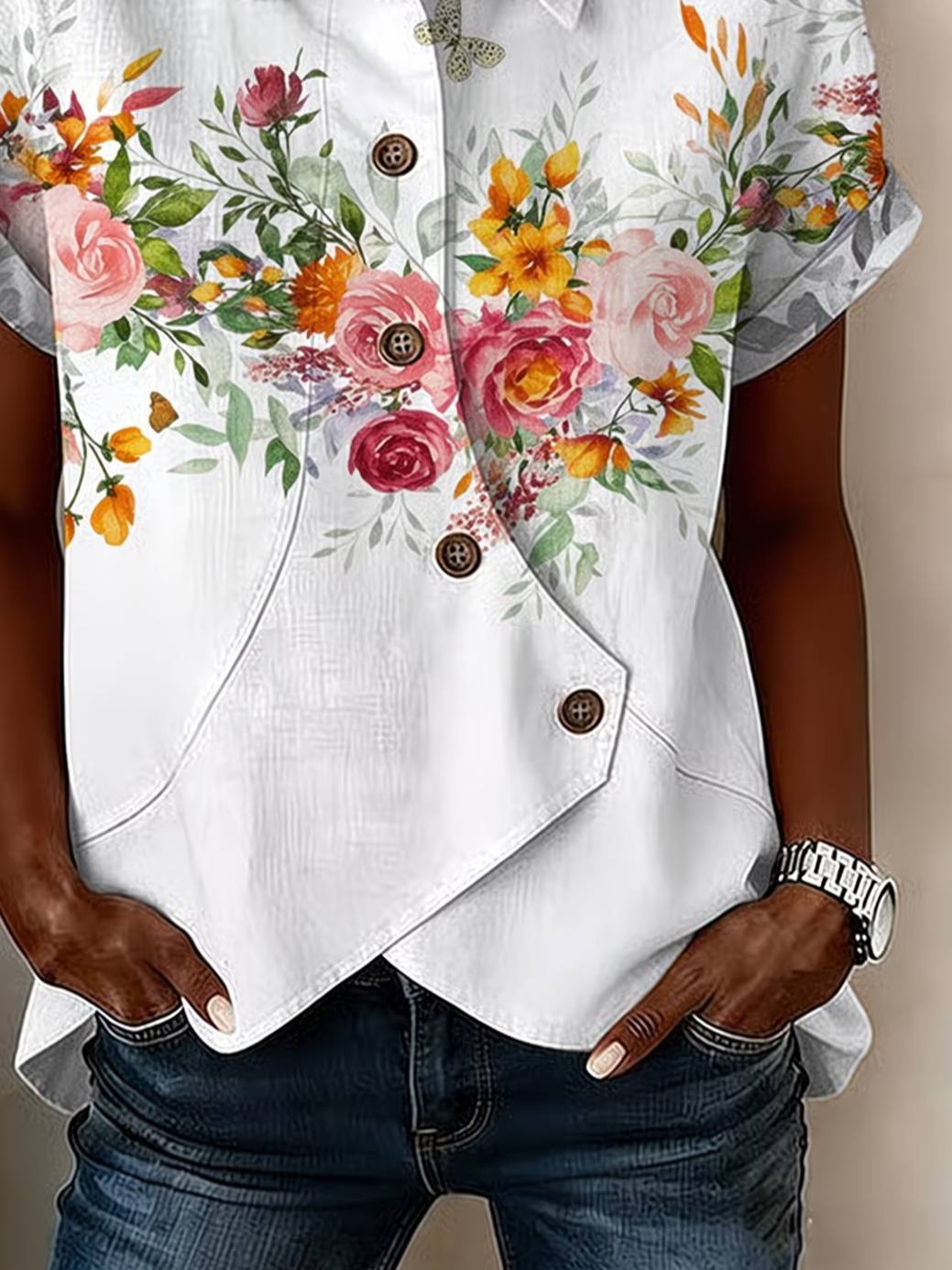 Women's Short Sleeve Shirt Summer White Floral Buckle Shawl Collar Daily Going Out Vintage Top