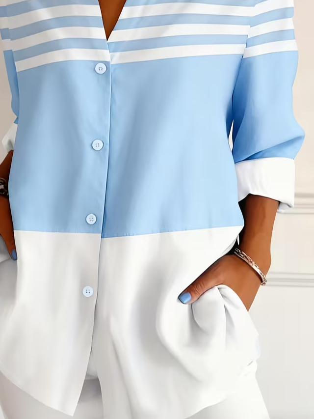 Women's Long Sleeve Shirt Spring/Fall Blue Striped Buckle Shirt Collar Regular Sleeve Daily Going Out Casual Top